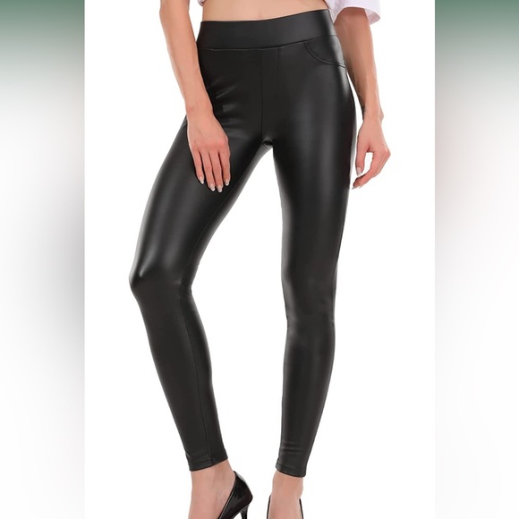 Black Faux Leather PU Women’s High Waist Leggings Cuffed Pants SMALL NWOT - Picture 1 of 10